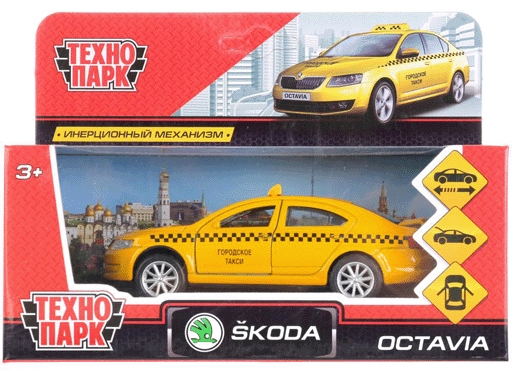 259355 ТМ Технопарк. Машина металл SKODA OCTAVIA ТАКСИ, дл.12 см, откр дв, багаж, инерц.