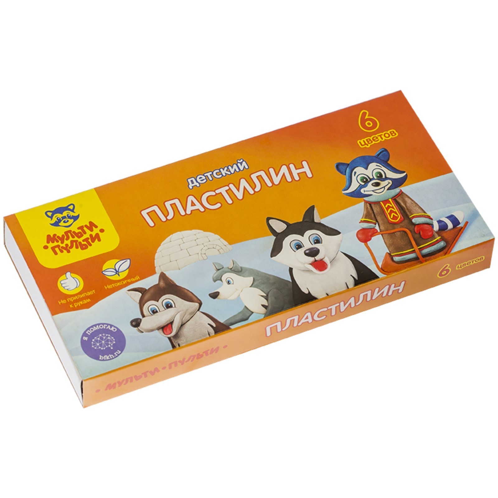 Пластилин 6 цветов Мульти-пульти, Енот на Аляске, стек, картонная упаковка, 90 г