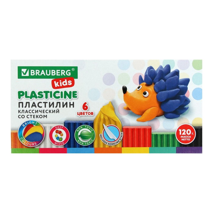 Пластилин 6цв 120г BRAUBERG KIDS, со стеком, ВЫСШЕЕ КАЧЕСТВО 106435