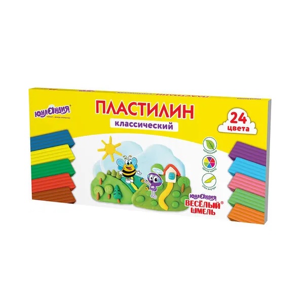 Пластилин классический ЮНЛАНДИЯ ВЕСЁЛЫЙ ШМЕЛЬ, 24 цвета, 480 грамм, стек, 106433