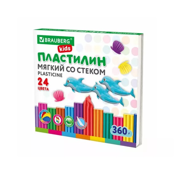 Пластилин мягкий восковой BRAUBERG KIDS, 24 цвета, 360 г, со стеком, 106498