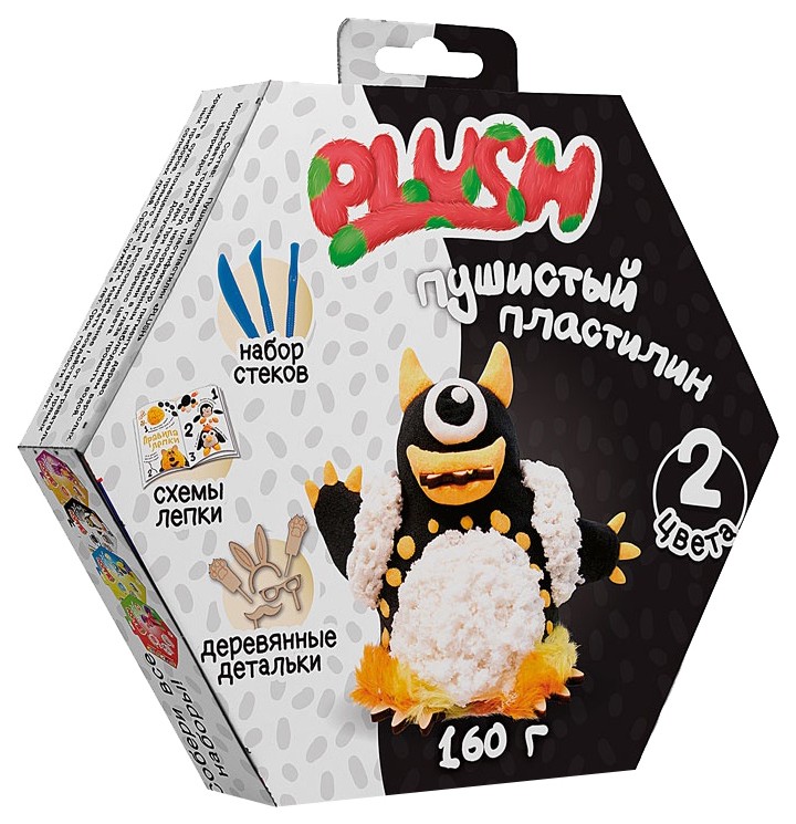 Пластилин пушистый ТМ PLUSH, черный + белый , 160 грамм, на европодвесе