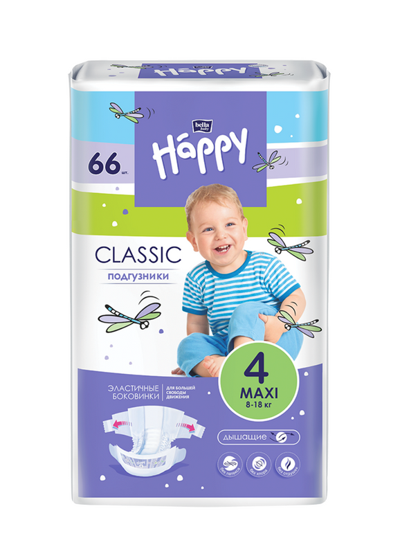 Подгузники для детей Bella Baby Happy Classic Maxi по 66 шт. вес 8-18 кг