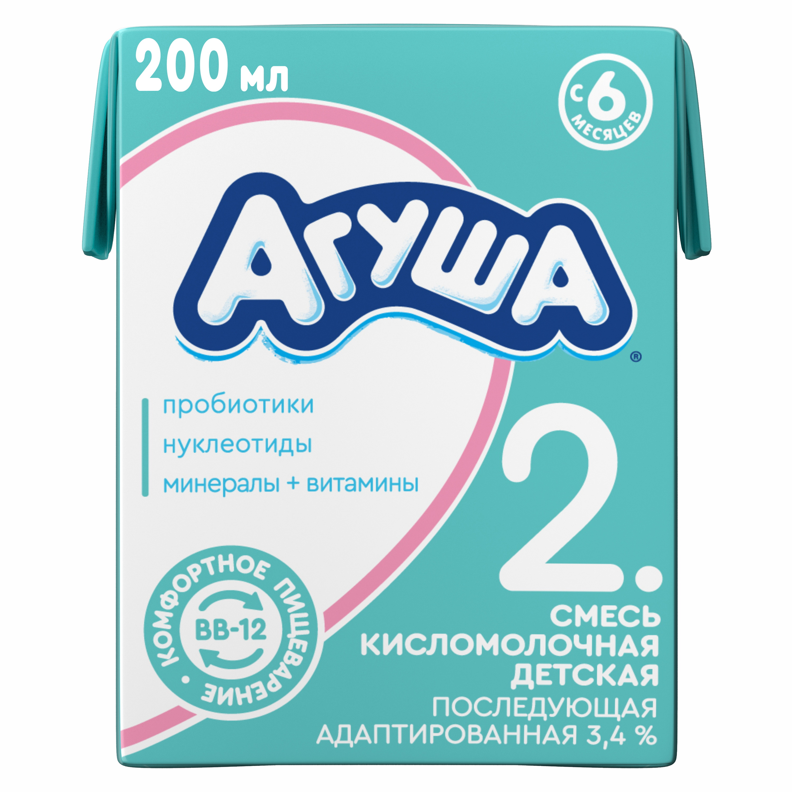 Смесь кисломолочная Агуша-2 сбалансированная 3,4%, 0, 2 л, БЗМЖ